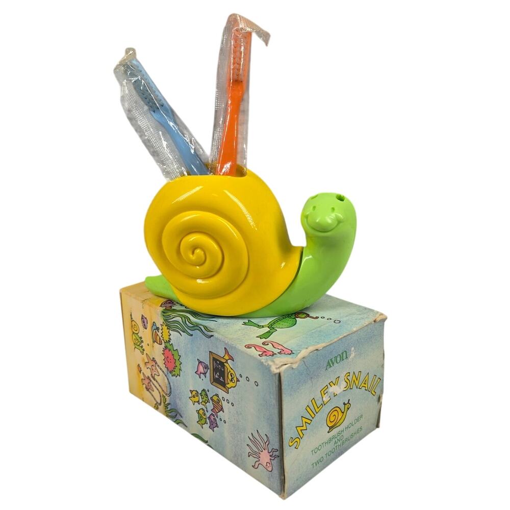 AVON VINTAGE 1970s SMILE‑N‑SNAIL TOOTHBRUSH HOLDER + 2 TOOTHBRUSH – NIB / NOS